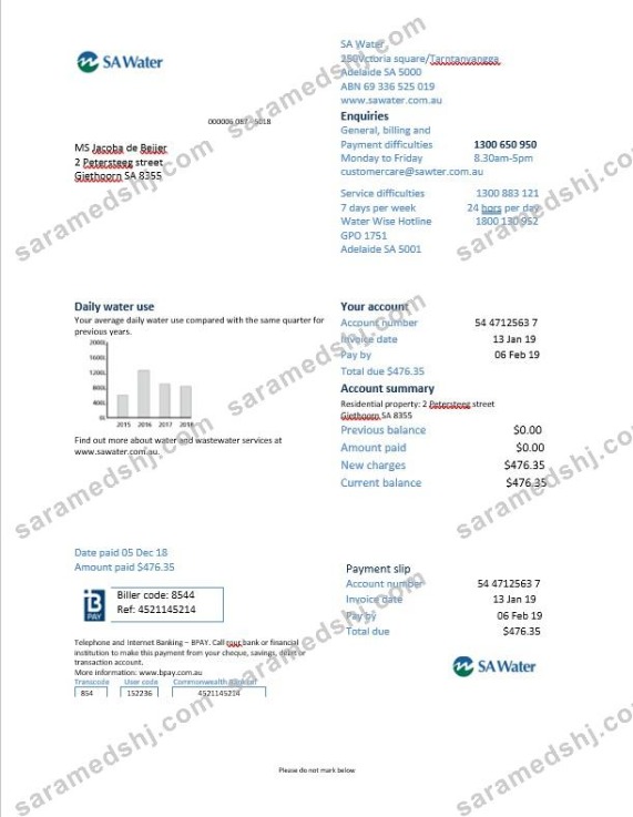Netherlands SA Water utility bill in Word format